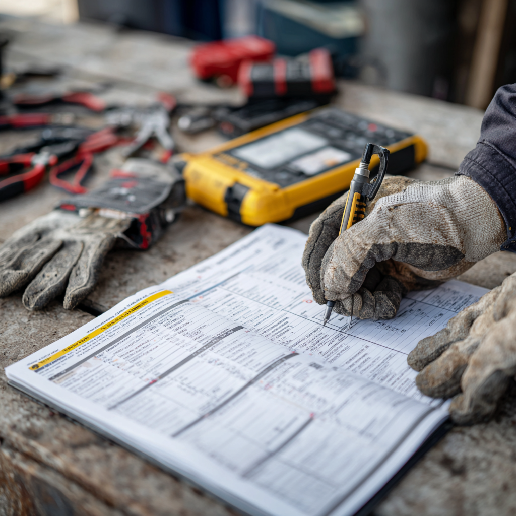 Apprentice electrician reviewing continuing education checklist before renewal