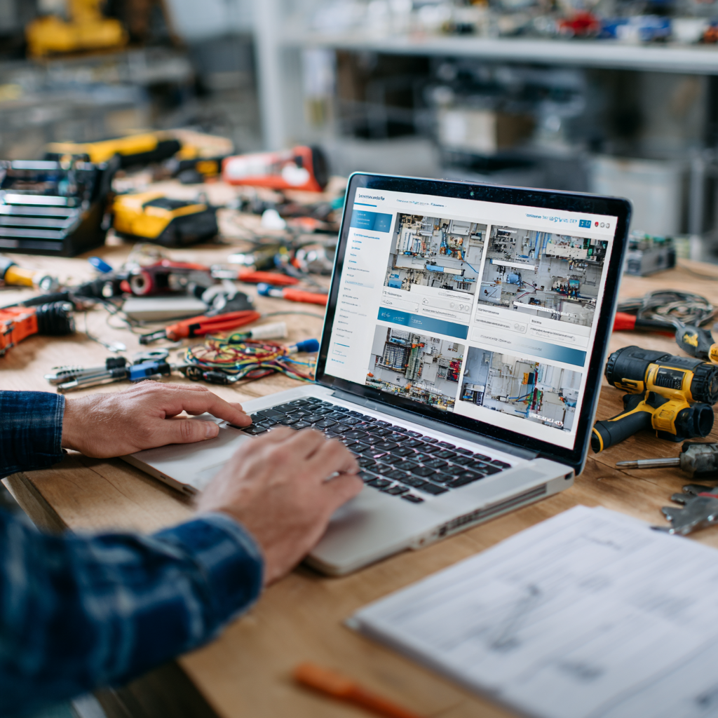 Electrician completing an online continuing education course at a workbench