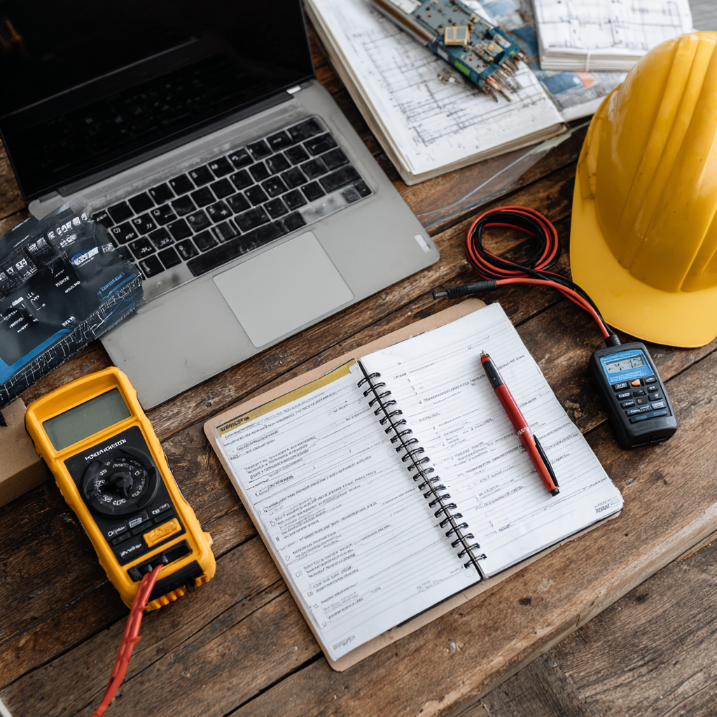 TDLR renewal checklist workspace with electrical tools and code book
