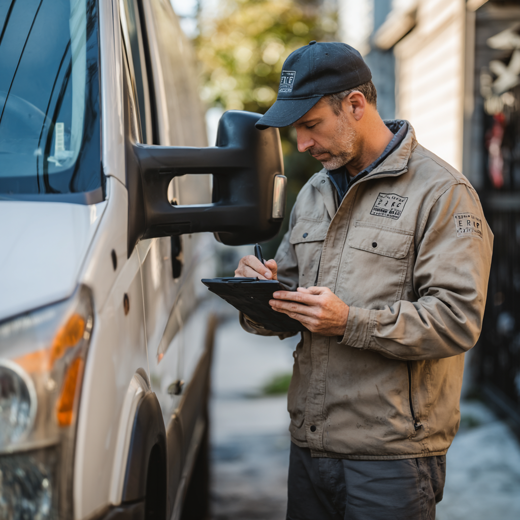 Texas electrician reviewing a license renewal checklist on a tablet beside a service van