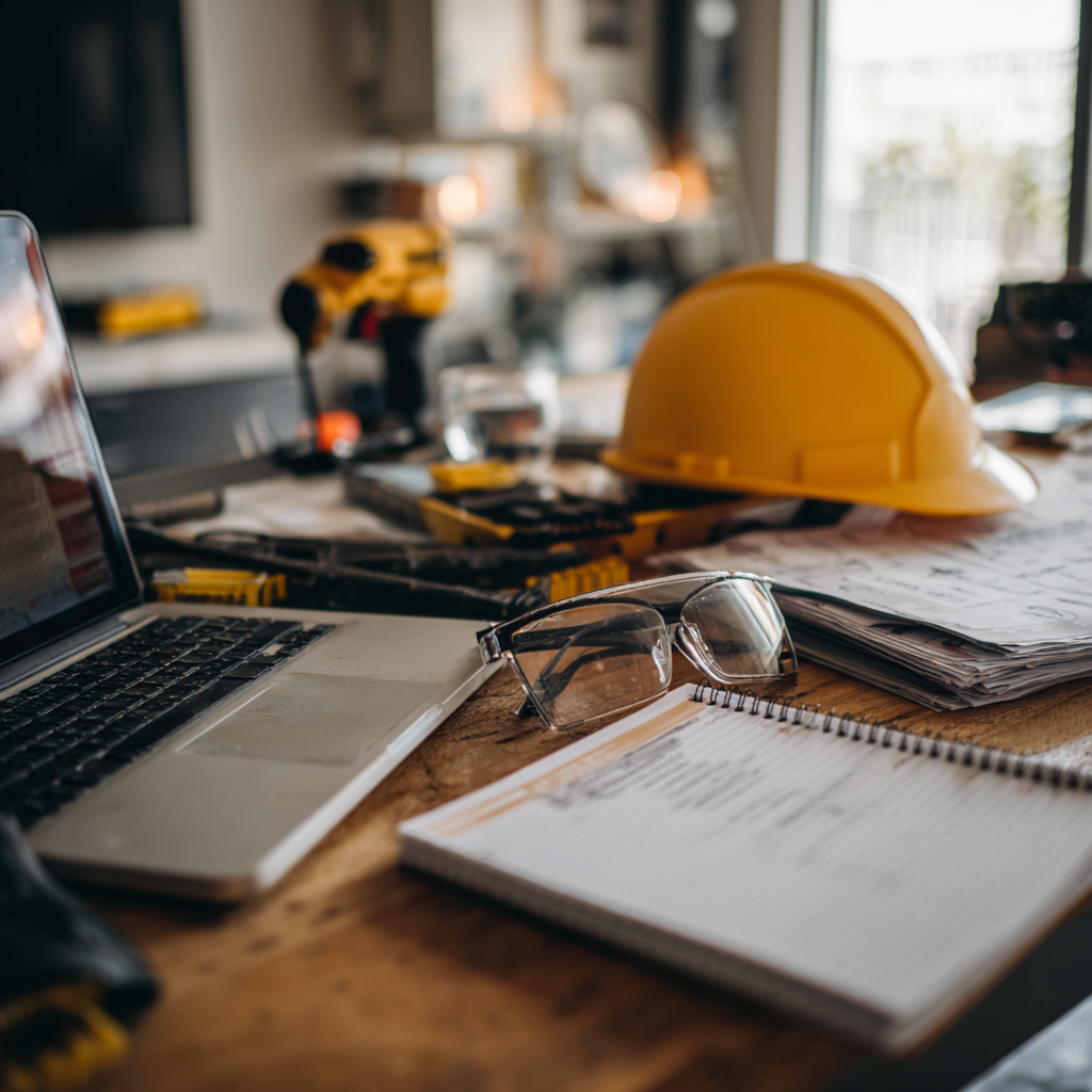 Electrician workspace with license renewal checklist and safety code book