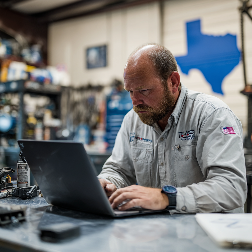 Texas electrician reviewing TDLR license requirements on a laptop